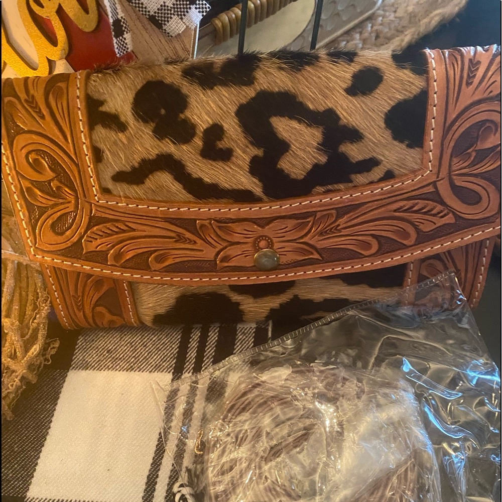American Darling leopard hide and tooled leather wallet w strap